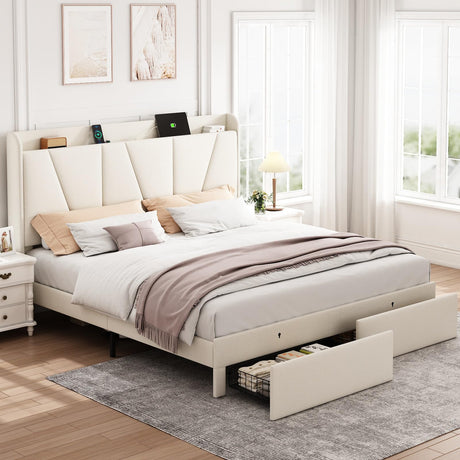 Queen Bed Frame with Headboard and Storage, Upholstered Bed Frames with Charging