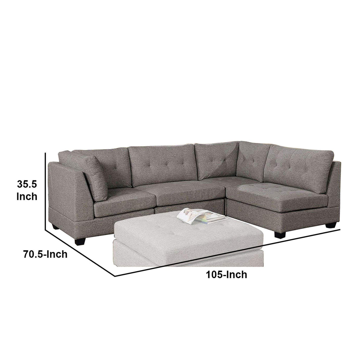 Benjara Fabric Sectional Sofa with Tufted Box Cushion Seat and Fixed Back, Gray