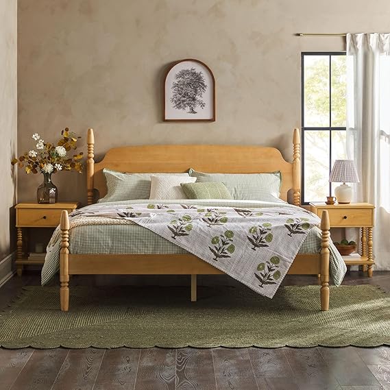 Traditional Wood Spindle Post Queen Bed Frame with Headboard