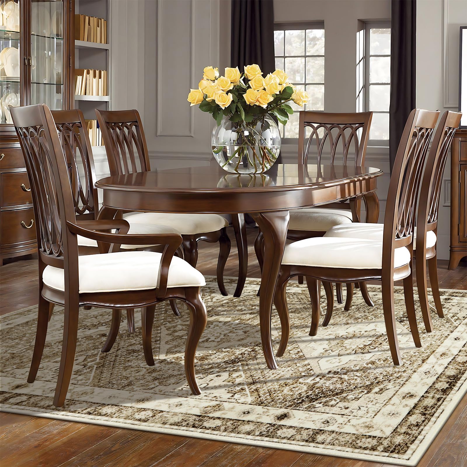 Vintage Washable Rug for Living Room, 4x6 Traditional Non Slip Area Rug, Khaki Soft Non