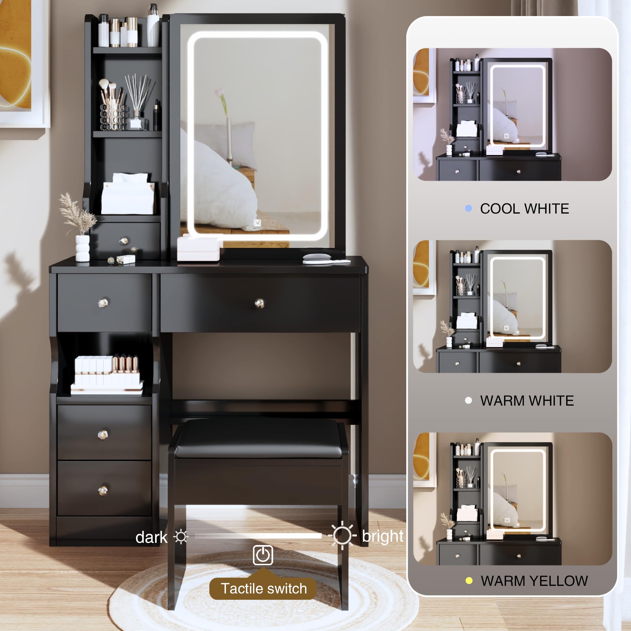 Desk with Sliding Mirror and Lights, Small Vanity Table with 5 Drawers & Cushioned Stool,