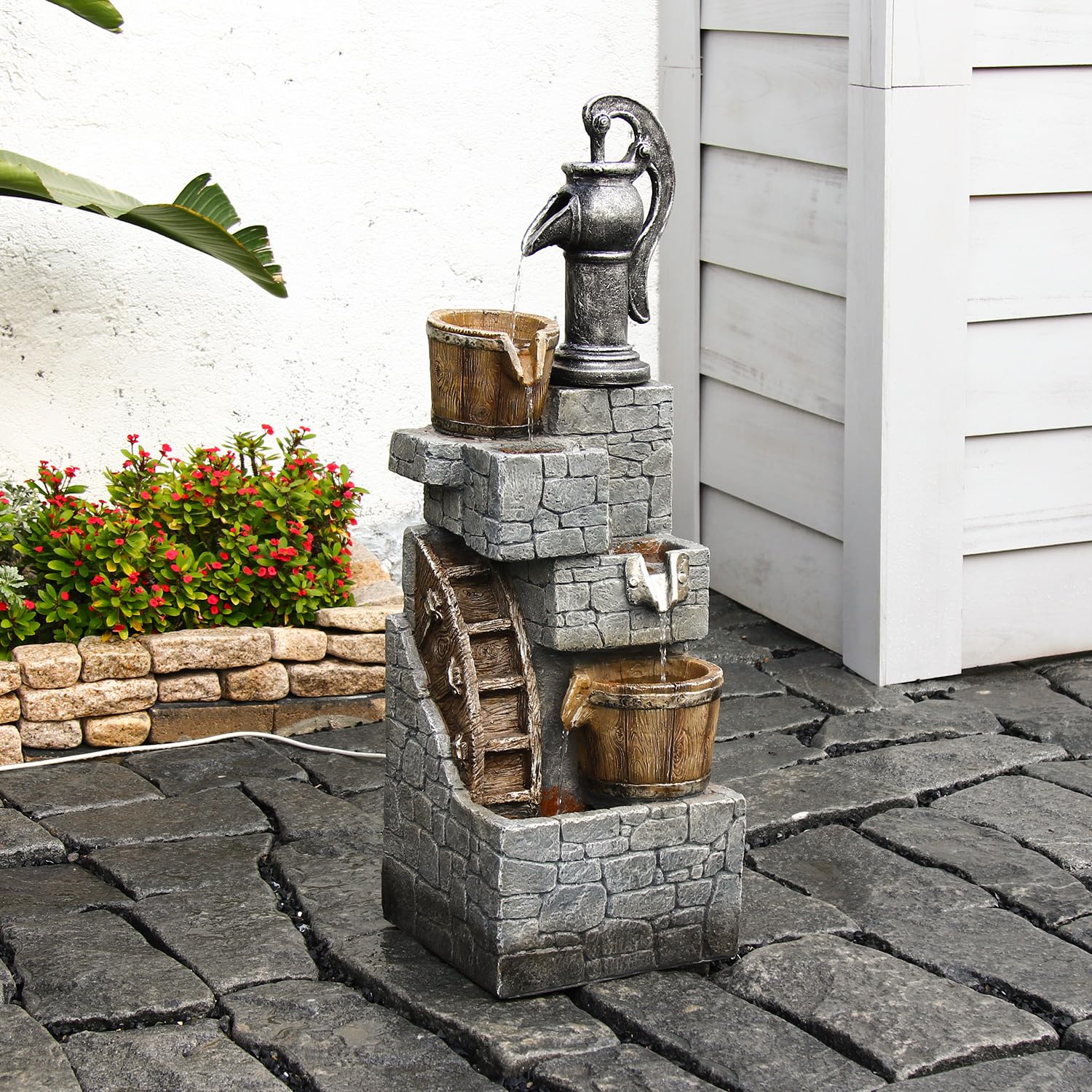 Outdoor Rustic 6-Tiered Barrel and Pump Water Fountain Outdoor Waterfall Fountain 39.96"