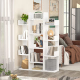 Bookshelf, Tree-Shaped Bookcase Storage Shelf with 13 compartments, Books Organizer Display Cube Shelves, Industrial Free Floor Standing Wood Open Bookshelves for Home, White