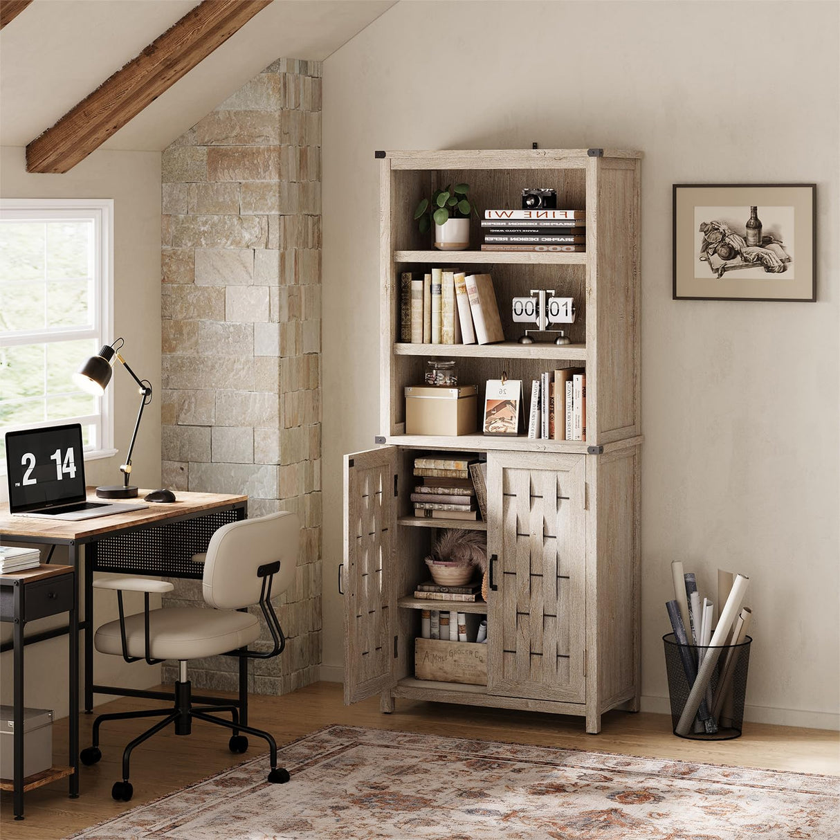 Farmhouse Bookcases with Doors, Floor Standing 5-Shelf Display Storage Shelves