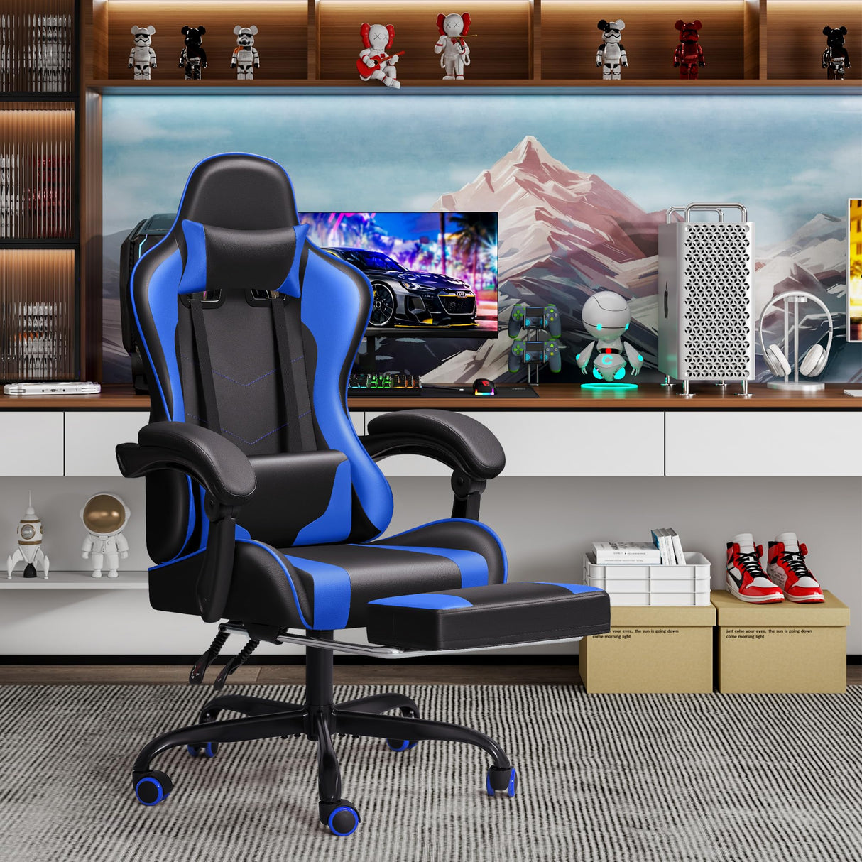 Gaming Chair Ergonomic Computer Chair with Footrest and Massage Lumbar Support