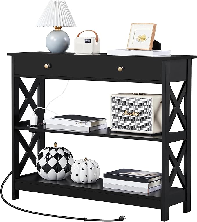 Console Table with Drawer, 3-Tier Entryway Table with Storage Shelves,