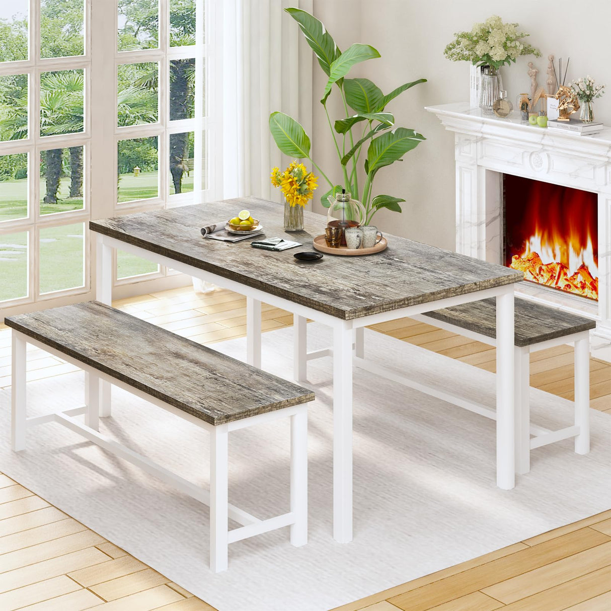Recaceik Dining Room Table Set for 4, Modern Kitchen Table Set for 4 with 2 Bench for Small Kitchen