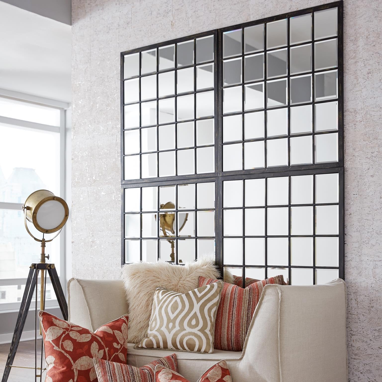 Superior Hanging Rectangular Window Design Wall Mirror, Accent, Bronze