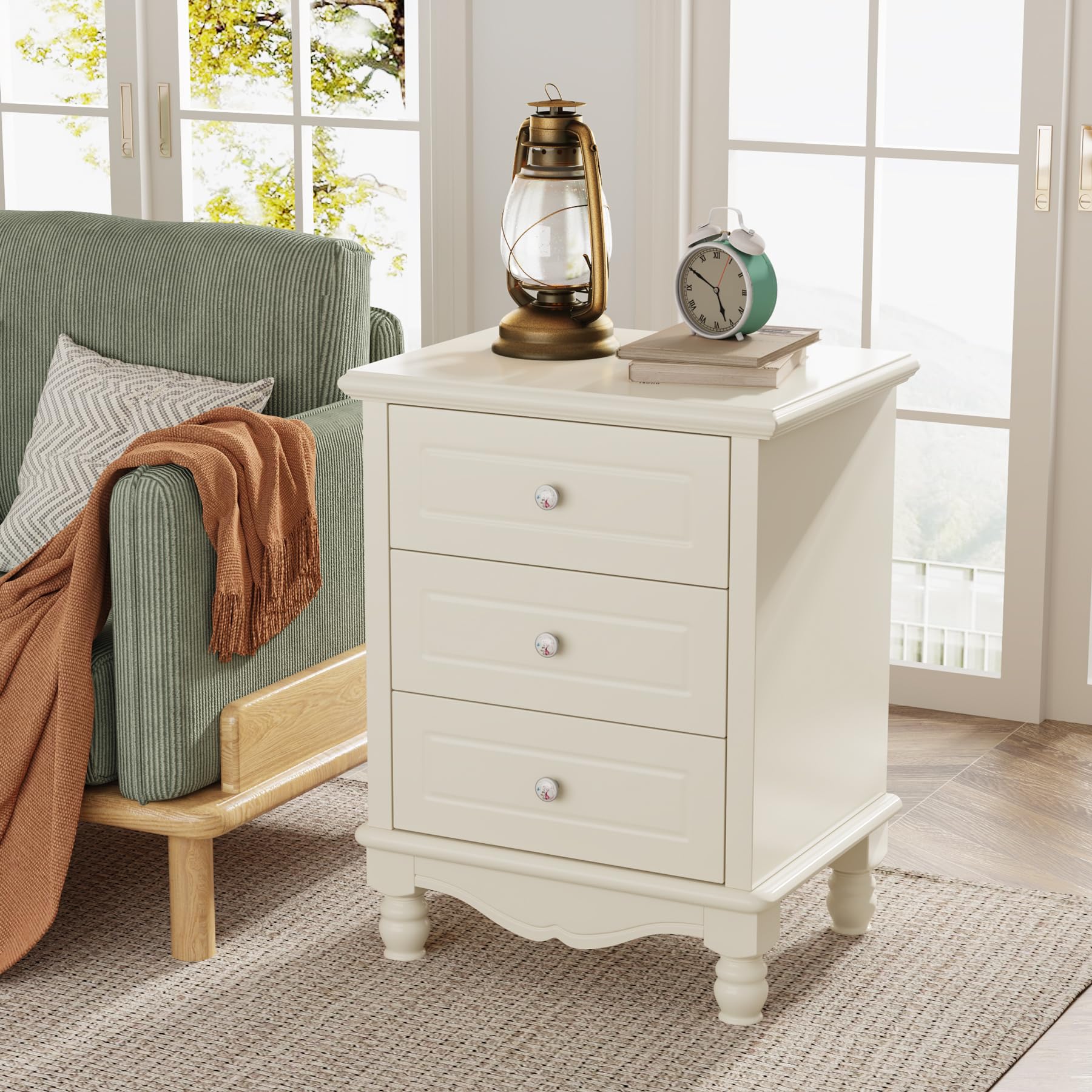 3-Drawer Nightstand, White Night Table for Bedroom, All-Wood Bedside Table
