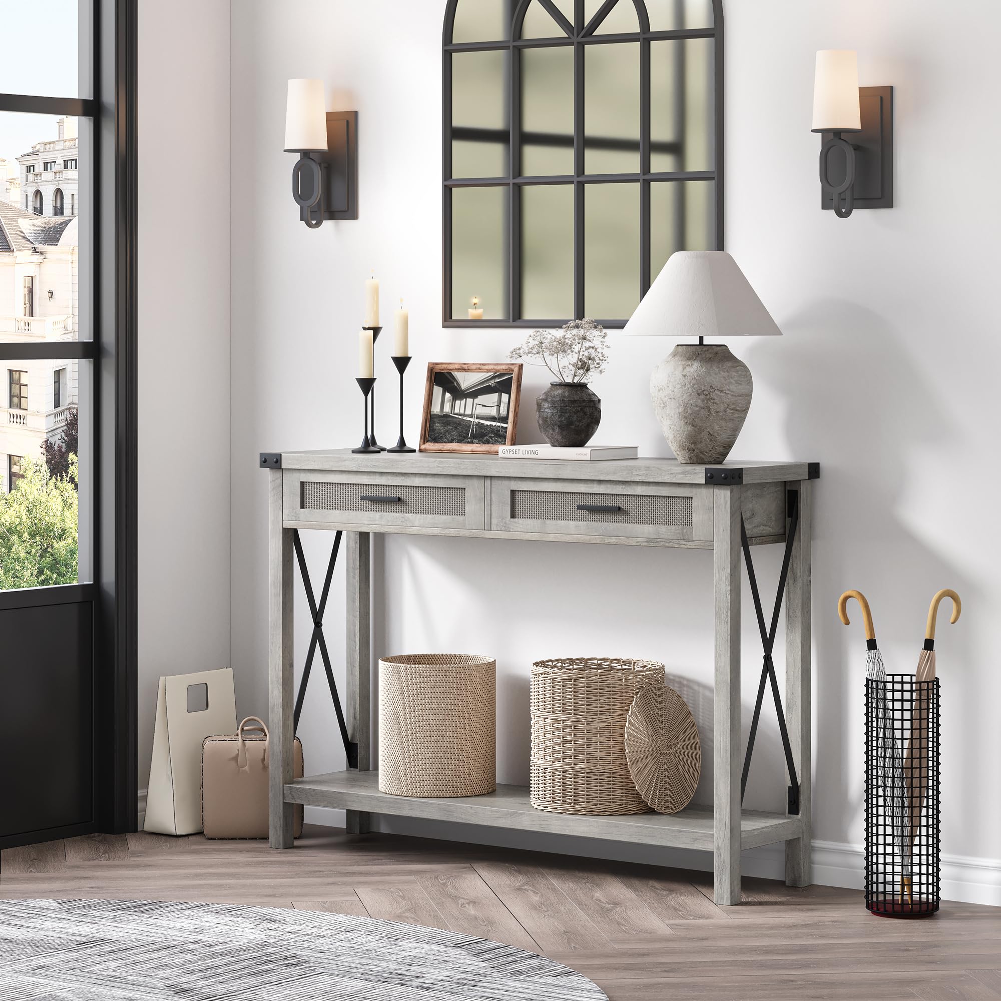 Farmhouse Entryway Table with Rattan Drawers, Grey Console Table for Entryway,