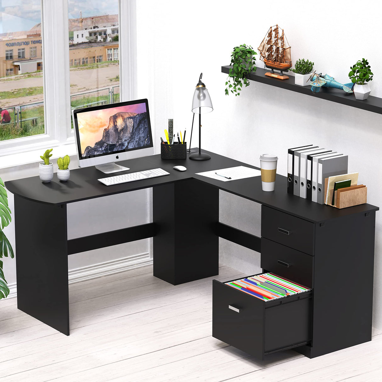 L-Shaped Home Office Wood Corner Desk with 3 Drawers