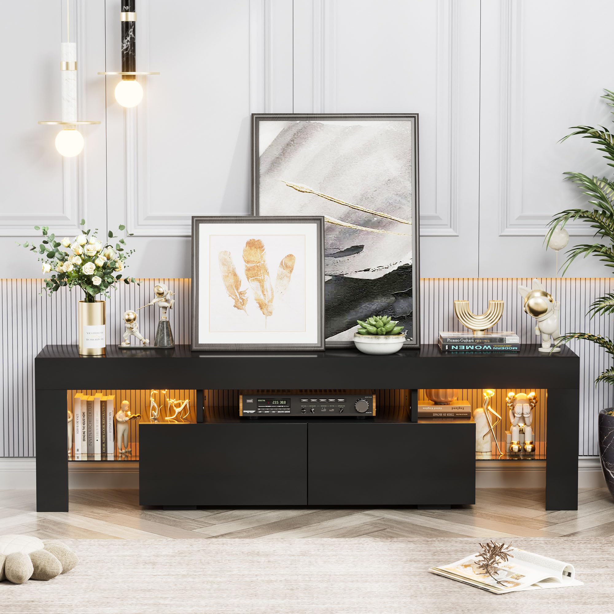 Modern Black LED TV Stand for 70-Inch Televisions with RGB Lighting