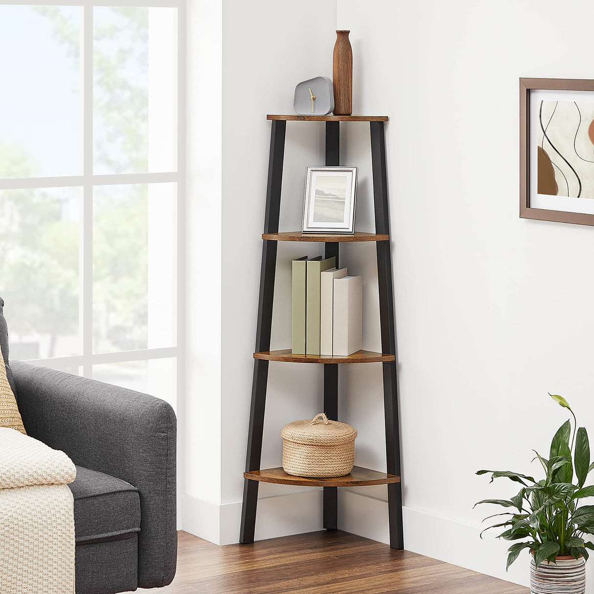 Corner Shelf Stand, 4-Tier Corner Bookshelf, Industrial Corner Ladder Shelf