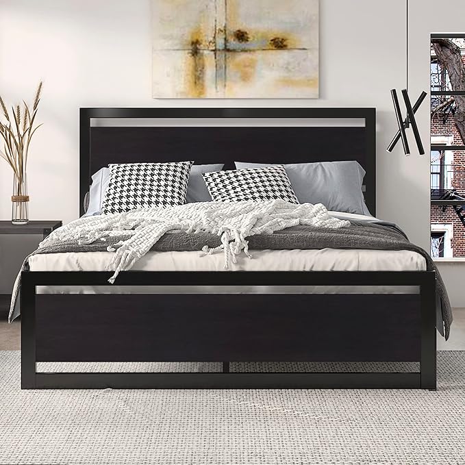 Queen Size Metal Platform Bed Frame with Wooden Headboard/Heavy Duty Strong