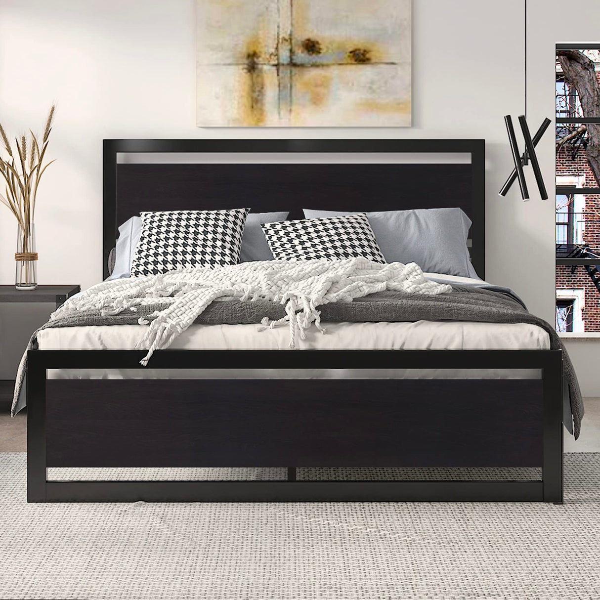 Full Size Bed Frame with Modern Wooden Headboard/Heavy Duty Platform Metal Bed