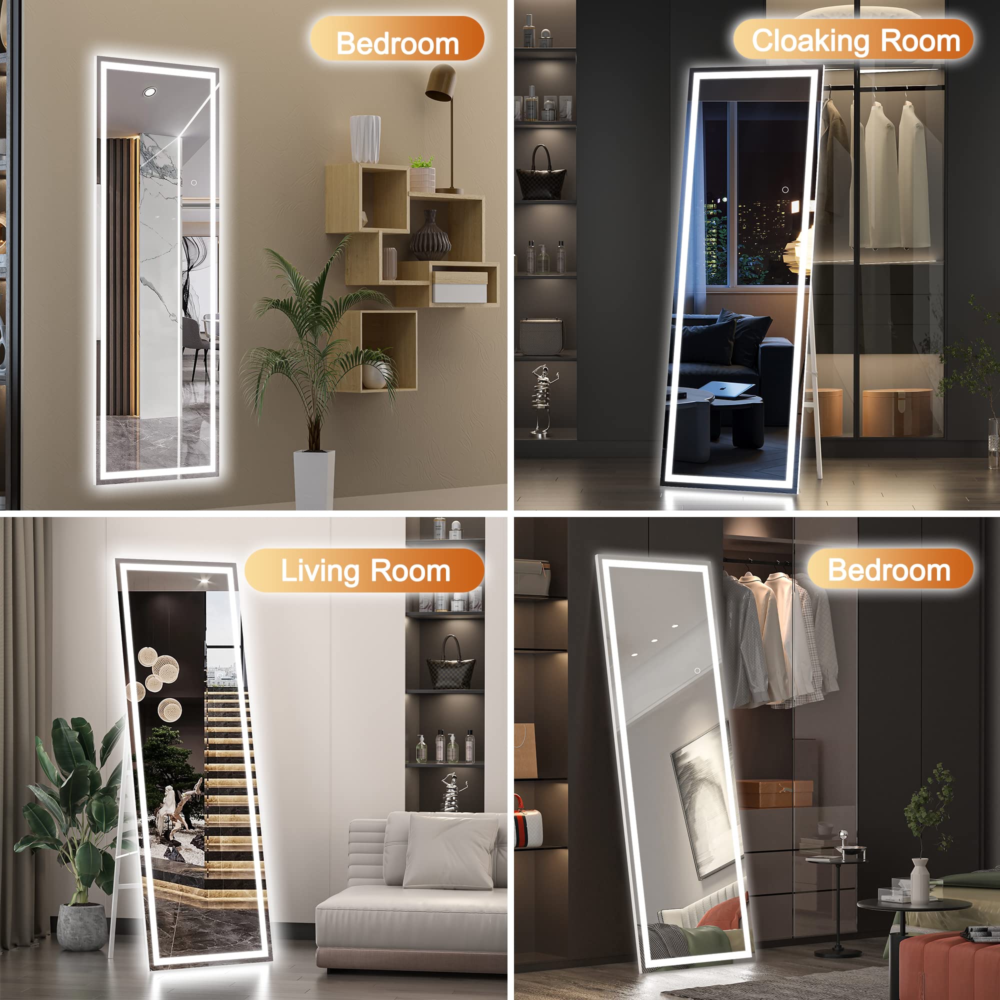 Full Length Mirror with Lights, 65" x 20" LED Floor Mirror, Full Body Dressing Standing