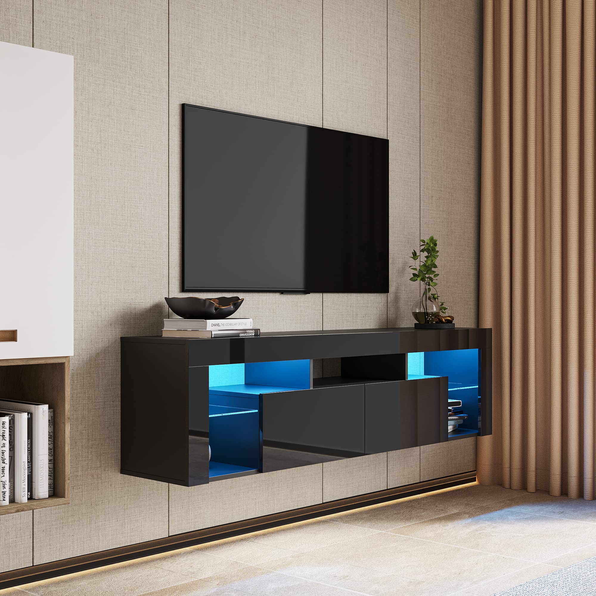 Floating TV Stand Wall Mounted with 16 Color LEDs,63"Modern TV Stand