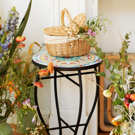 VONLUCE 21" Mosaic Plant Stand, 14 Inch Round Side Table with Ceramic Tile Top, Indoor and Outdoor Accent Table, Outdoor Patio Furniture, End Table for Garden Patio Living Room More, Floral - Bircata