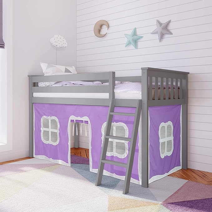 Low Loft Bed, Twin Bed Frame With Curtains For Bottom, Clay/Purple