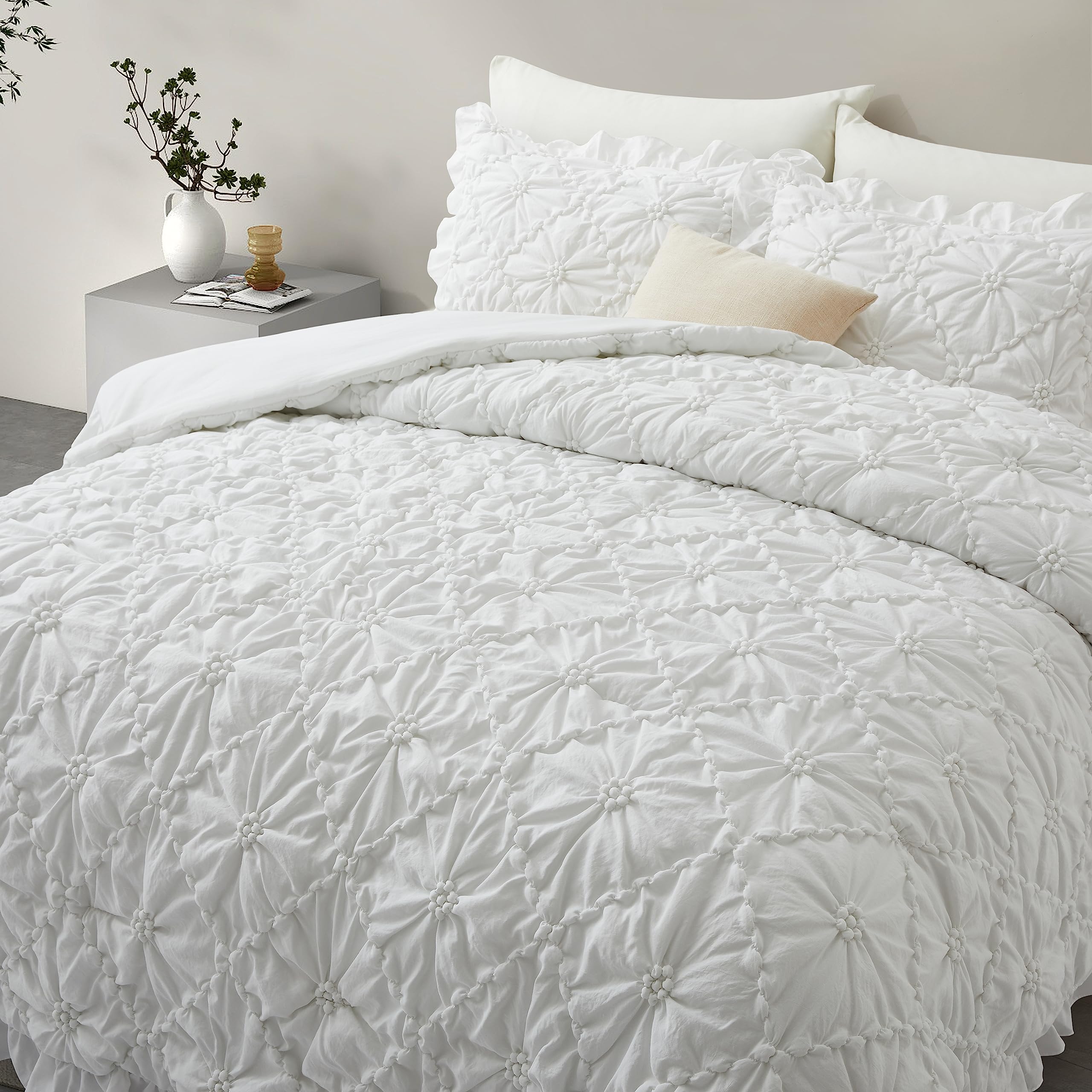 King Size Comforter Sets, White Bedding Comforter Set, 3 Pieces Pinch Pleat Bedding Sets