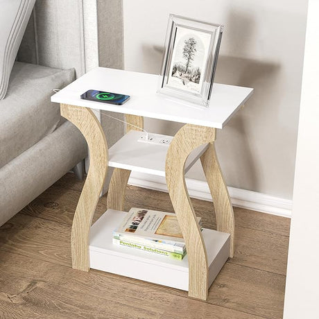 End Table with Charging Station, Side Table with USB Ports and Outlets, 3 Tier Nightstand