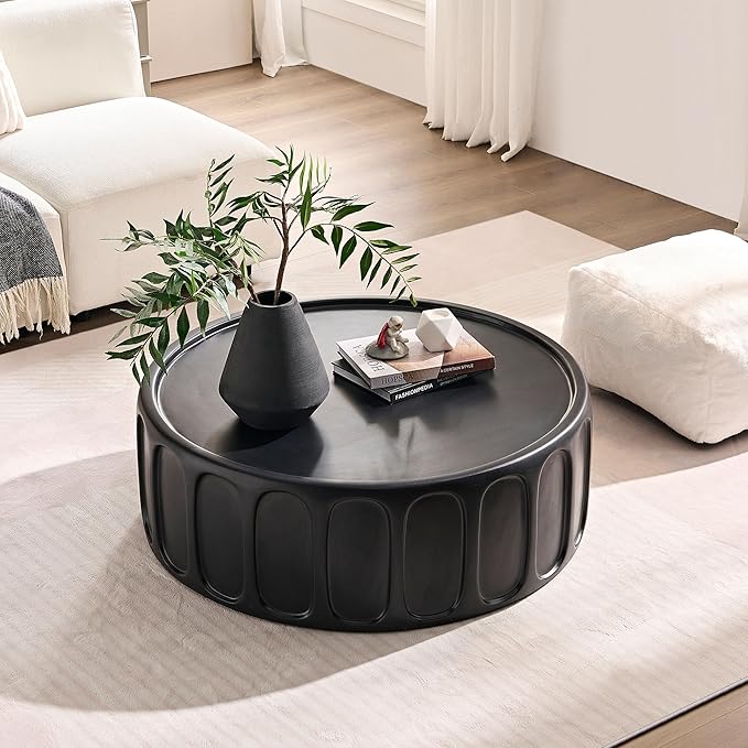 Black Round Drum Coffee Tables for Living Room Contemporary Circle Coffee Table