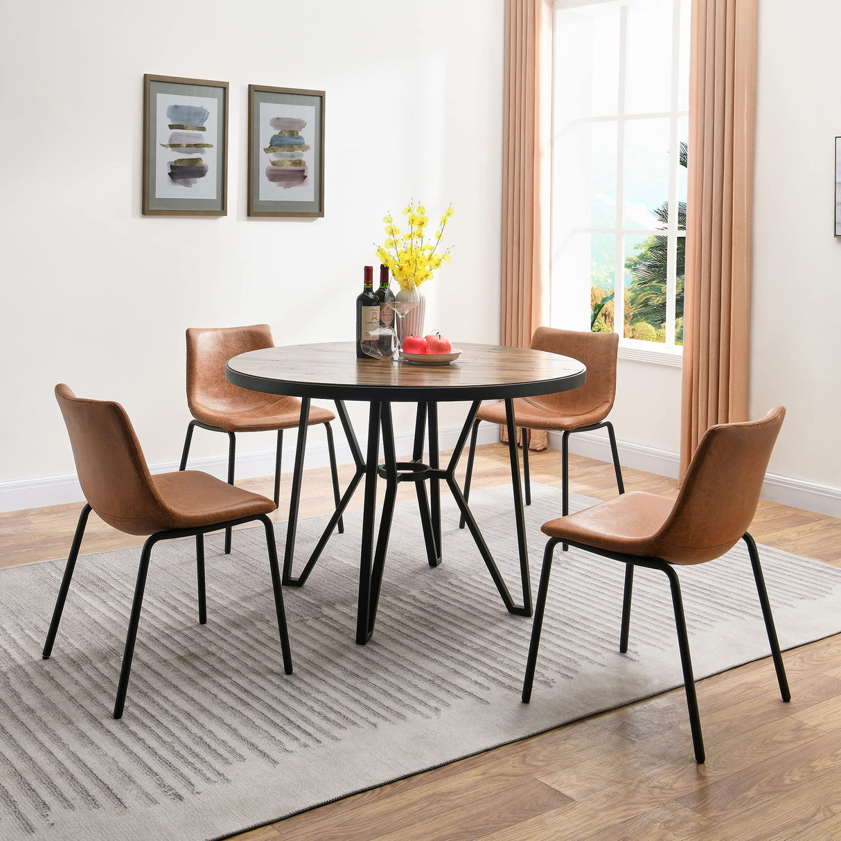 Round Industrial Wood Dining Room Table for 6 Person 48in Mid Century Kitchen Dining