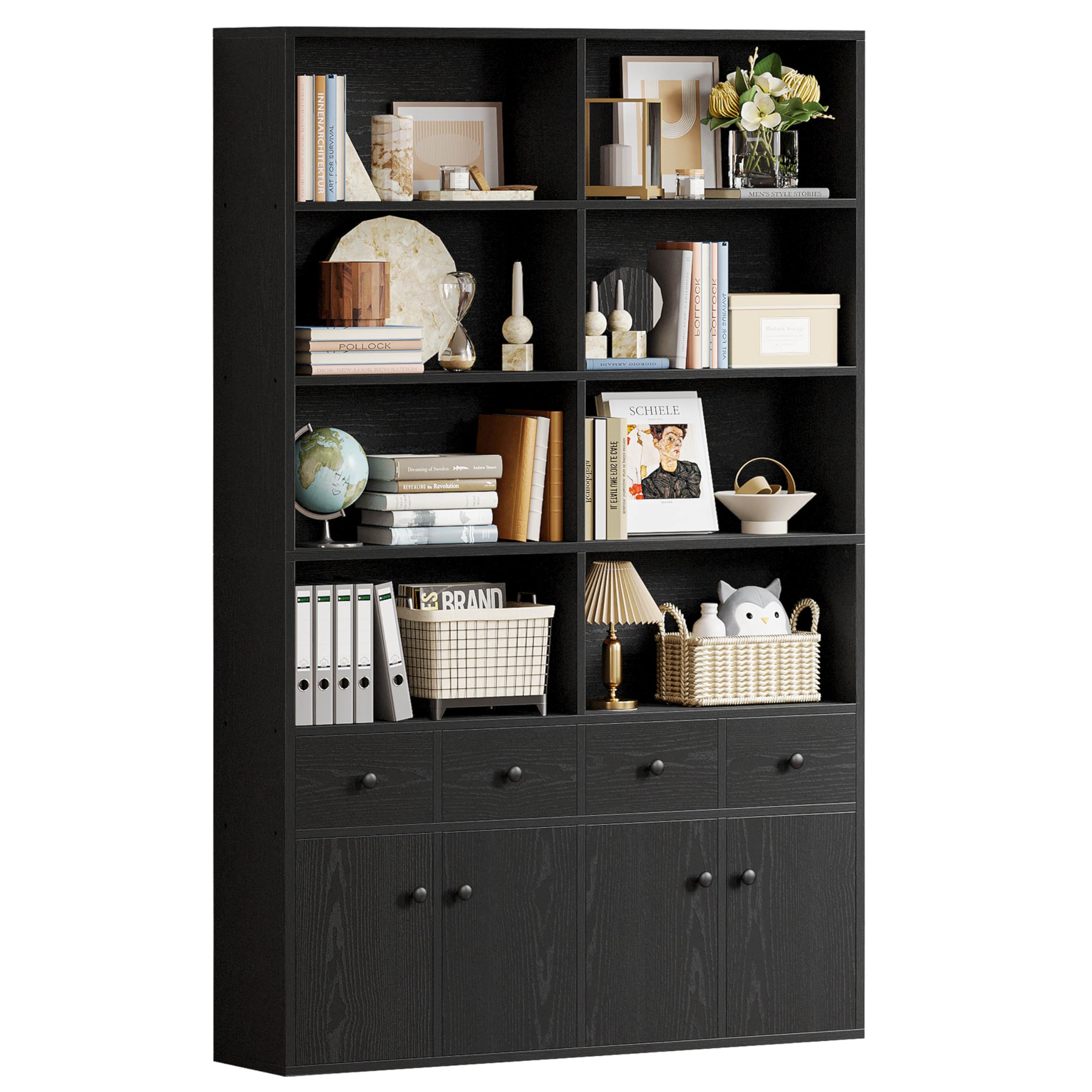 IRONCK 78.7" Bookcase with 4 Drawers and 4 Doors, 6 Tier Large Bookshelf with Storage, Floor Standing Display Storage Shelves, Tall Storage Cabinet for Living Room (Vintage Black)
