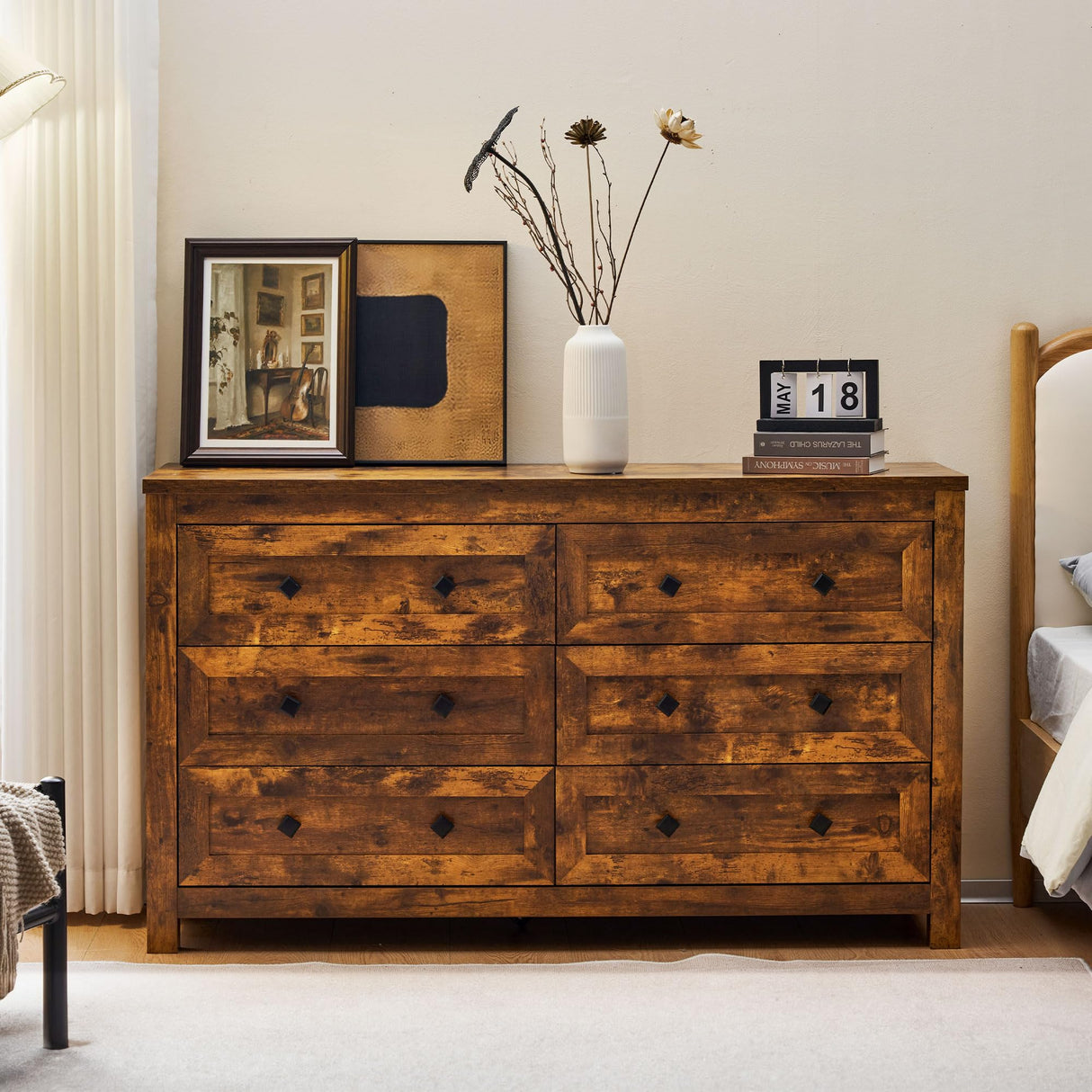 6 Drawers Dresser for Bedroom, 54" Farmhouse Wood Chest of Drawers with Vintage