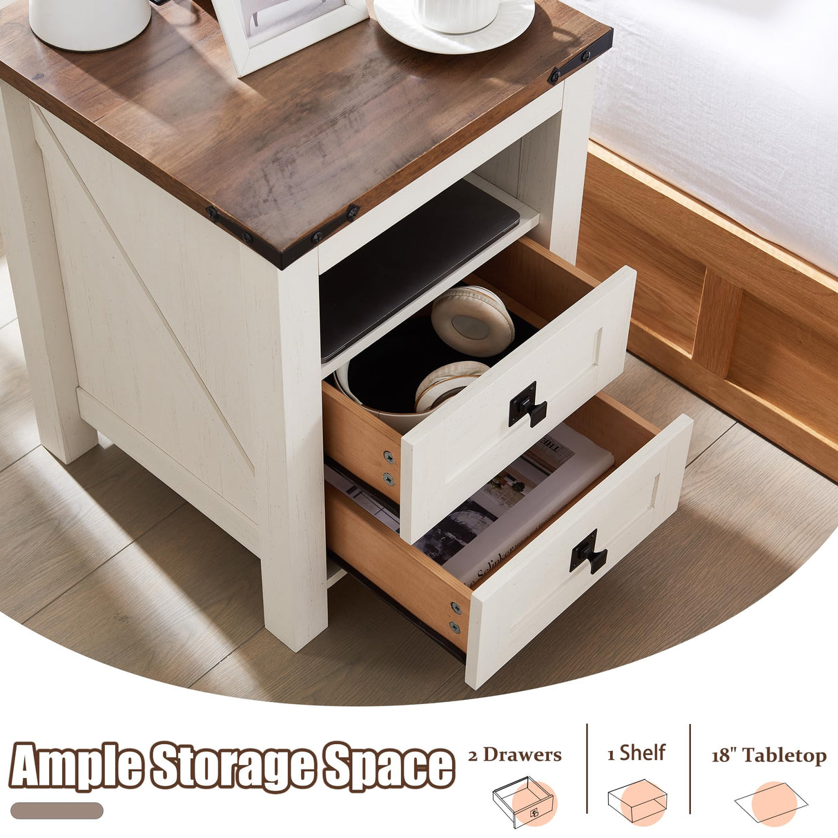 Nightstand with Charging Station, End Table, Side Table with 2 Drawers Storage Cabinet