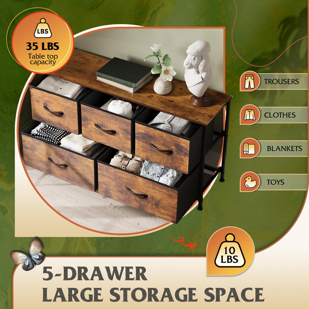 WLIVE 2-Drawer Nightstand and 5-Drawer Dresser Set, Fabric Storage Tower for Bedroom, Hallway, Closets, Tall Chest Organizer Unit with Textured Print Fabric Bins, Steel Frame, Wood Grain Print