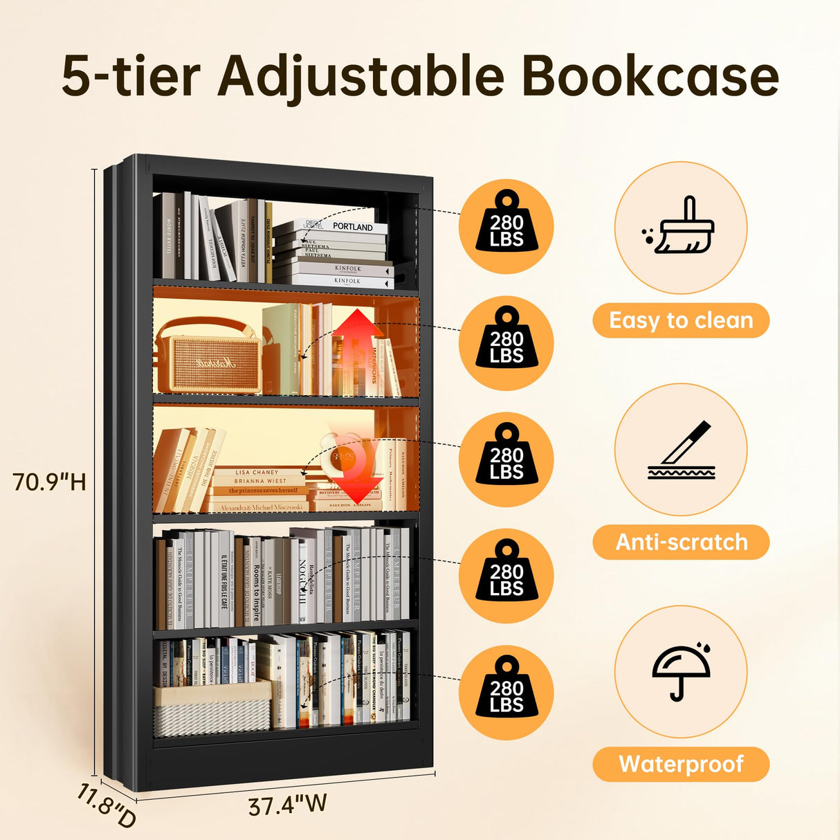 5-Tier Bookcase with Adjustable Storage Shelves, Metal Bookshelf