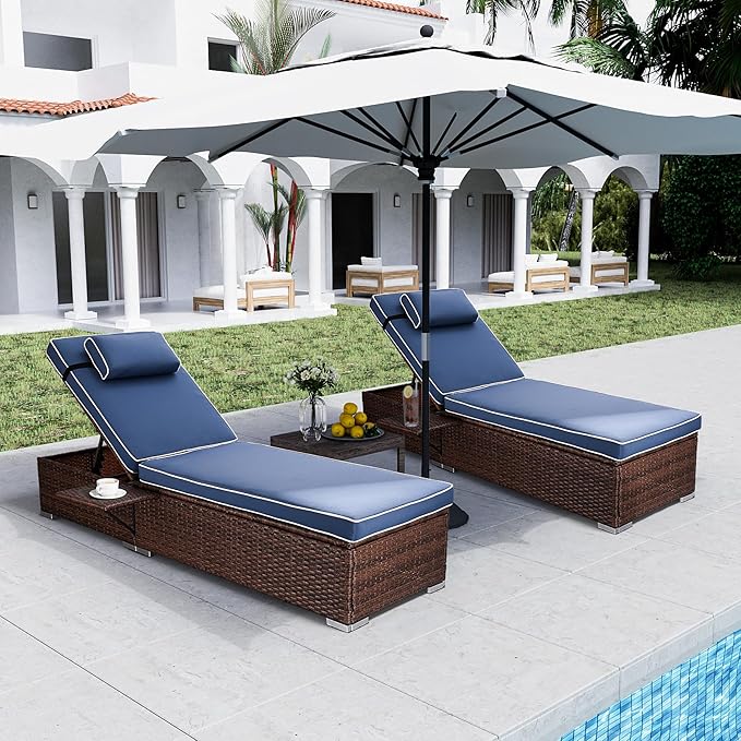Outdoor PE Wicker Patio Lounge Chairs Set of 2, Outside Rattan Pool Lounge Chair