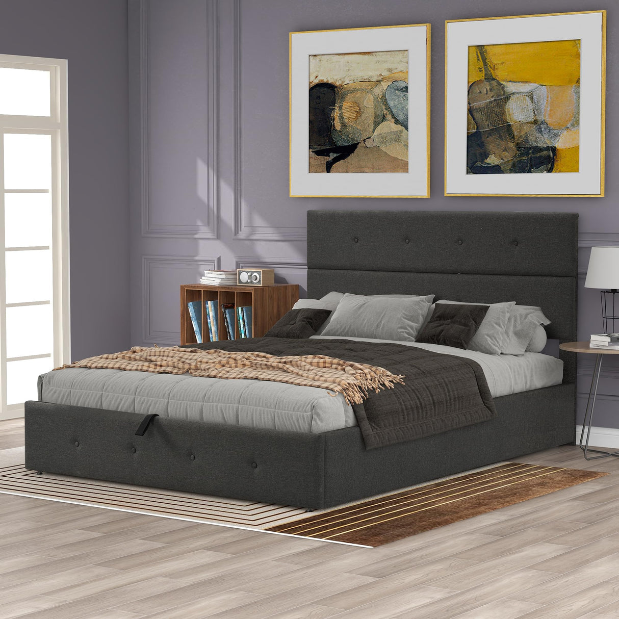 Upholstered Queen beds Lift Up Storage Platform Bed Frame with Bottom Tufted Headboard