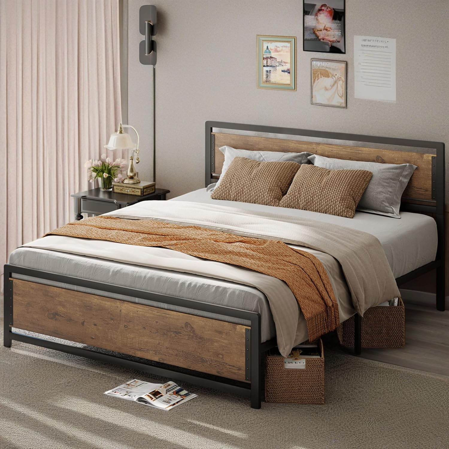 Queen Metal Platform Bed Frame with Wooden Headboard, 15 Iron Slats, Large Underbed Storage, Easy Assembly,