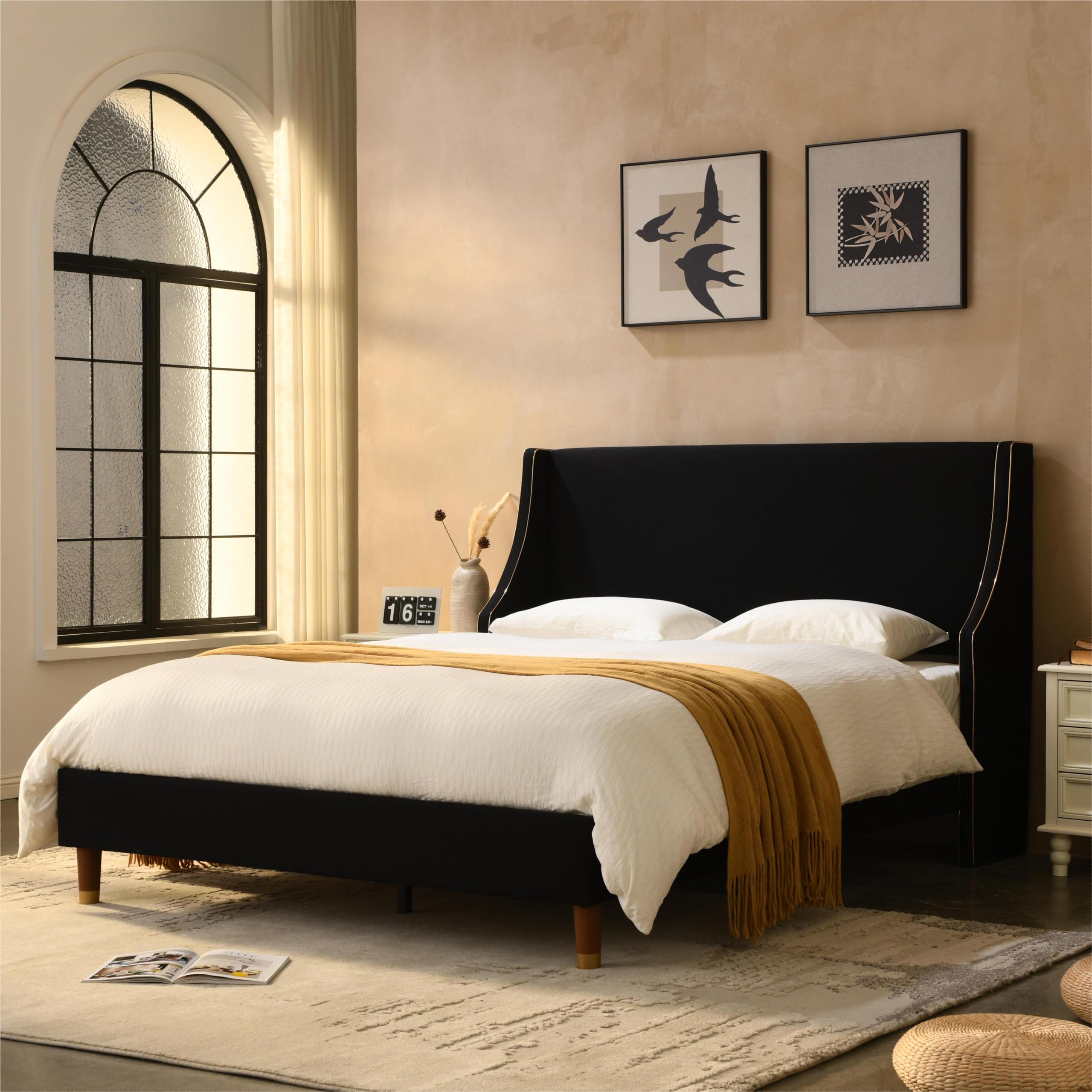 Queen Upholstered Platform Bed Frame with Wingback Headboard