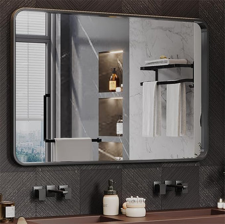 Black Framed Mirrors for Bathroom,40 x 32 Inch Rounded Conner Rectangle Mirror for Wall,