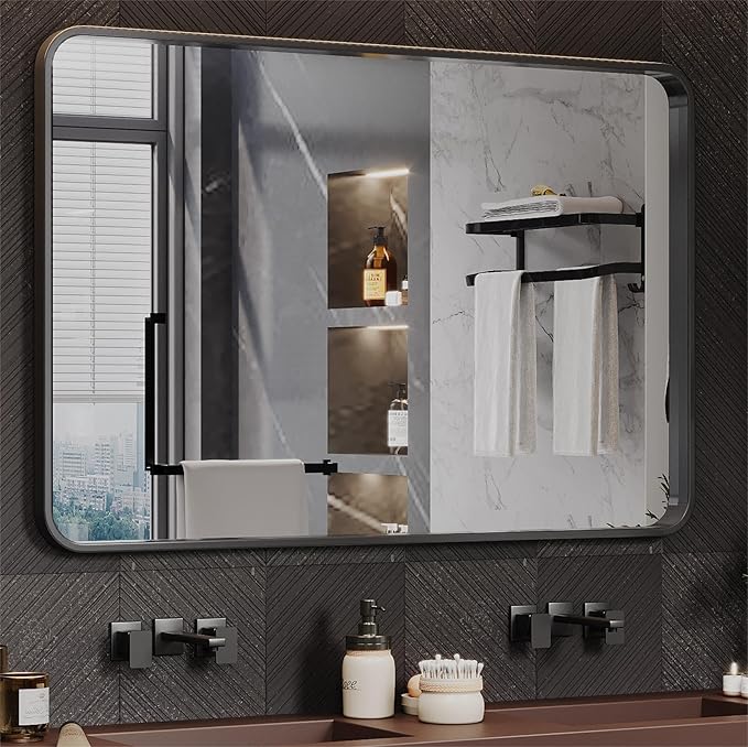Black Framed Mirrors for Bathroom, Rounded Conner Rectangle Mirror