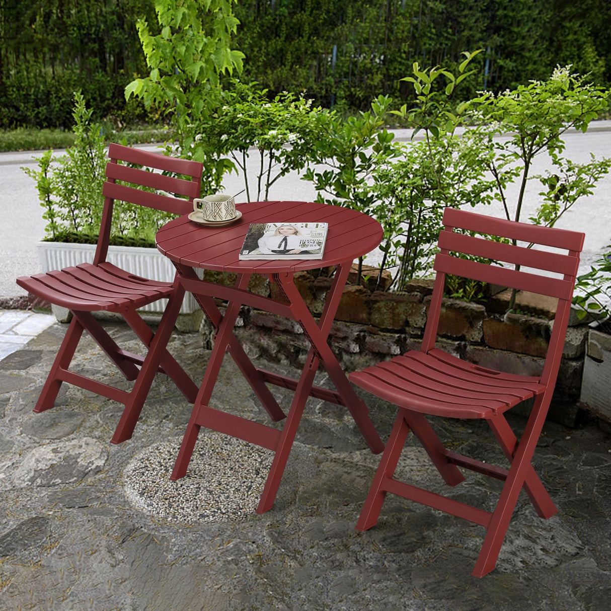 TAO ONE Patio Bistro Set, 3 Piece Plastic Folding Bistro Set, Portable Outdoor Patio Table and Chairs Set, Foldable Patio Furniture Set for Balcony, Porch, Backyard, Garden,Poolside (Red)