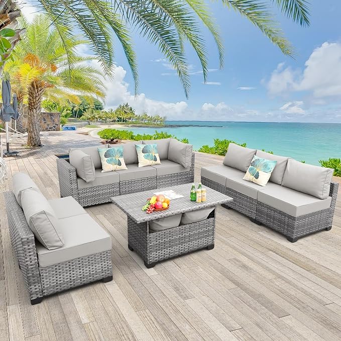 Patio Conversation Set Sectional Sofa 9 Pieces Outdoor Sectional Wicker Furniture