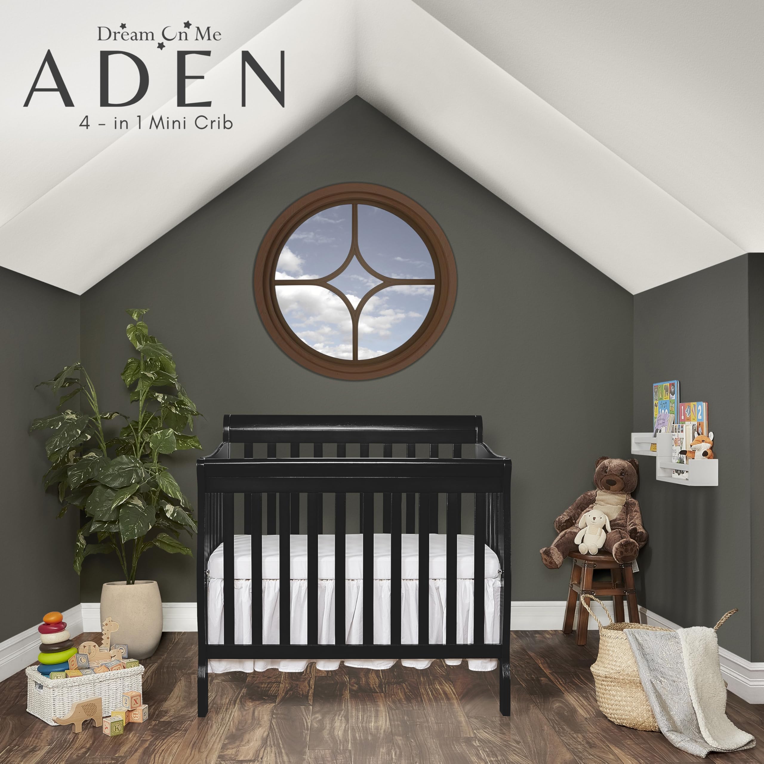Aden 4-in-1 Convertible Mini Crib In Black, Greenguard Gold Certified, Non-Toxic Finish