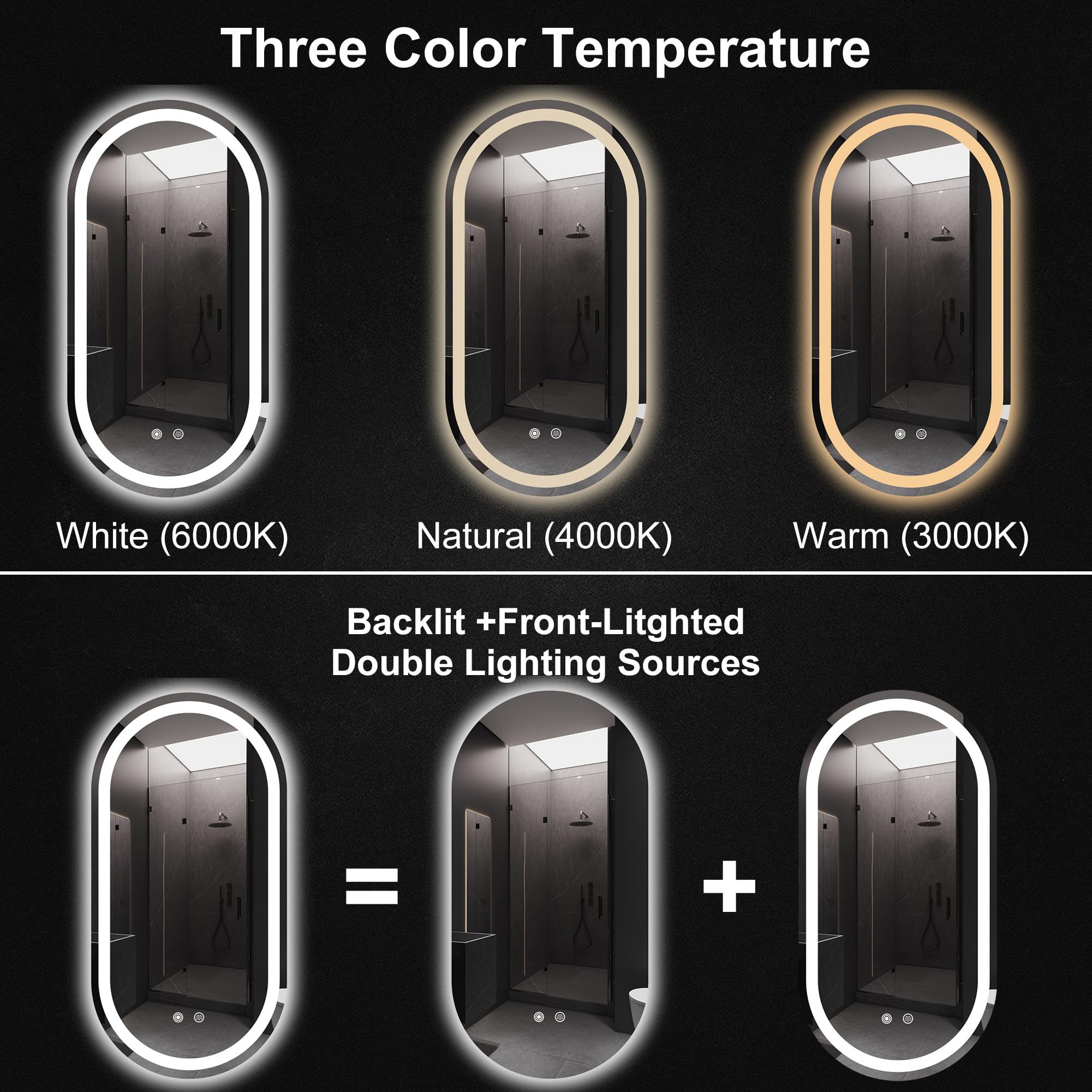 16x32 LED Bathroom Mirror - Anti-Fog Dimmable Vanity Mirror