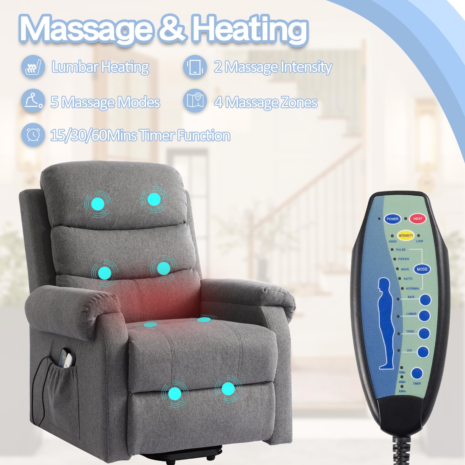 SeniEase Electric Lift Recliner with Massage & Heat for Seniors