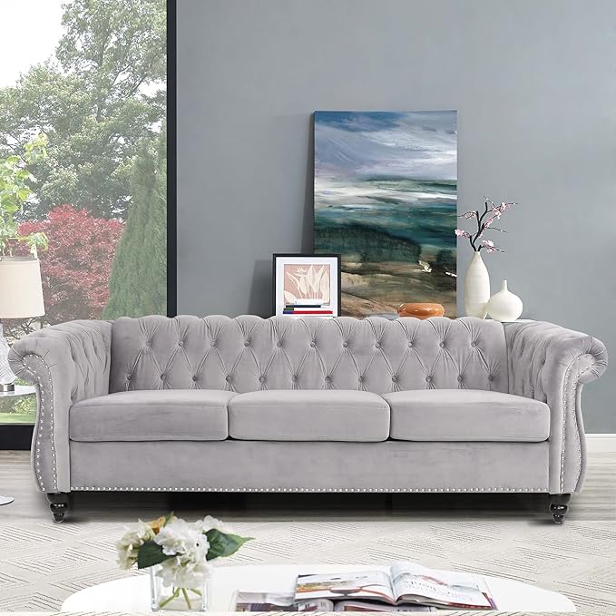 Large Sofa, Velvet Sofa Three-seat Sofa Classic Tufted Chesterfield Settee Sofa