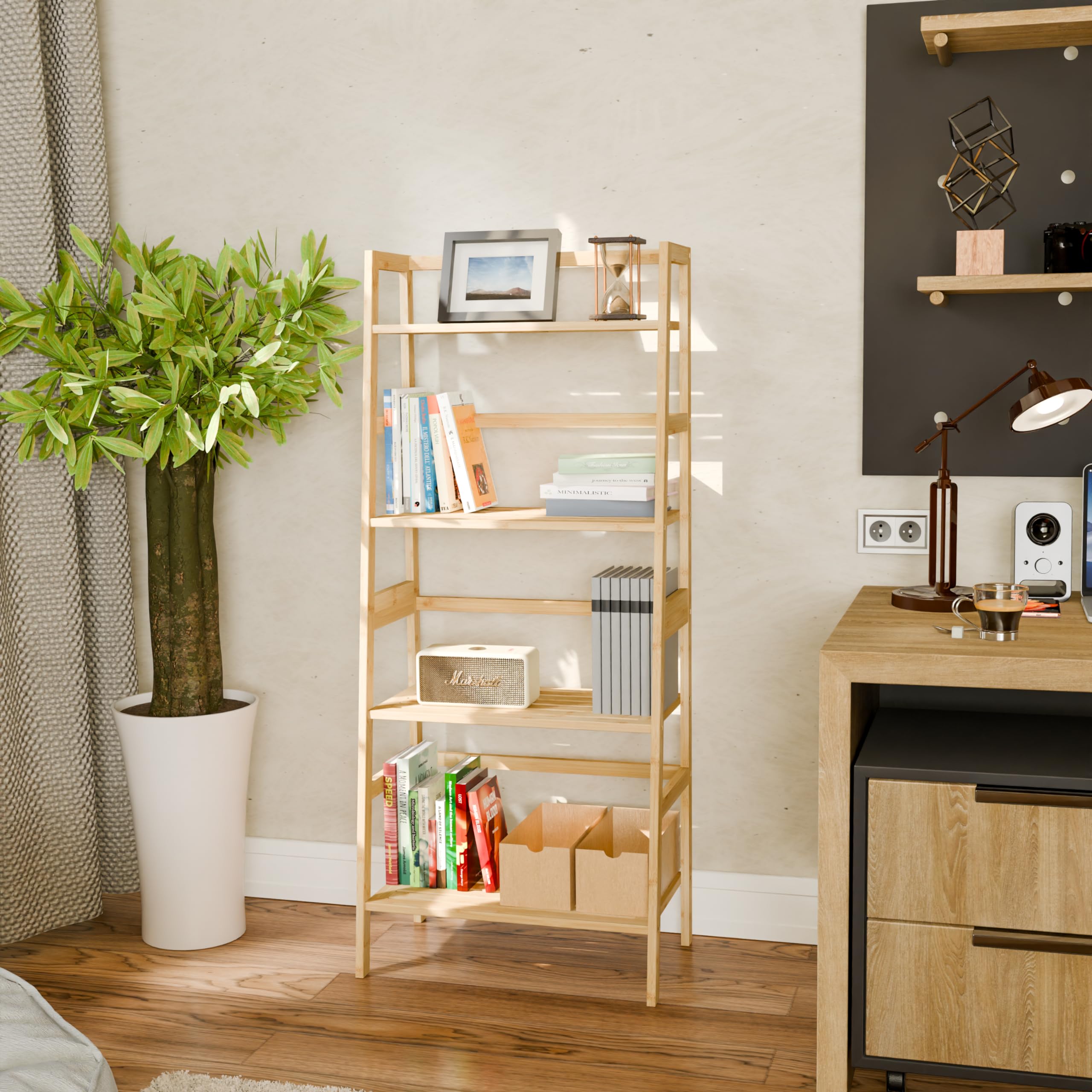 Ladder Shelf, 4-Tier Bookshelf, Bamboo Leaning Bookcase, Display Storage Rack Organizer, Freestanding Flower Plant Stand for Living Room, Home Office, Kitchen, Natural