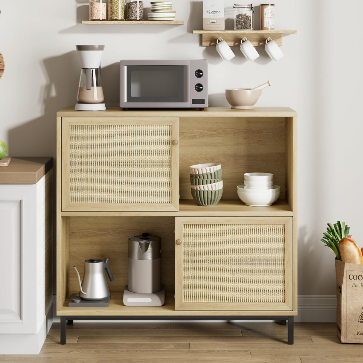 Sideboard Cabinet, Rattan Kitchen Buffet Storage Cabinet with Sliding Door