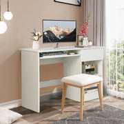 White Desk with Drawer, Wooden Computer Desk with Pull-Out Keyboard Tray & Adjustable Storage Shelves