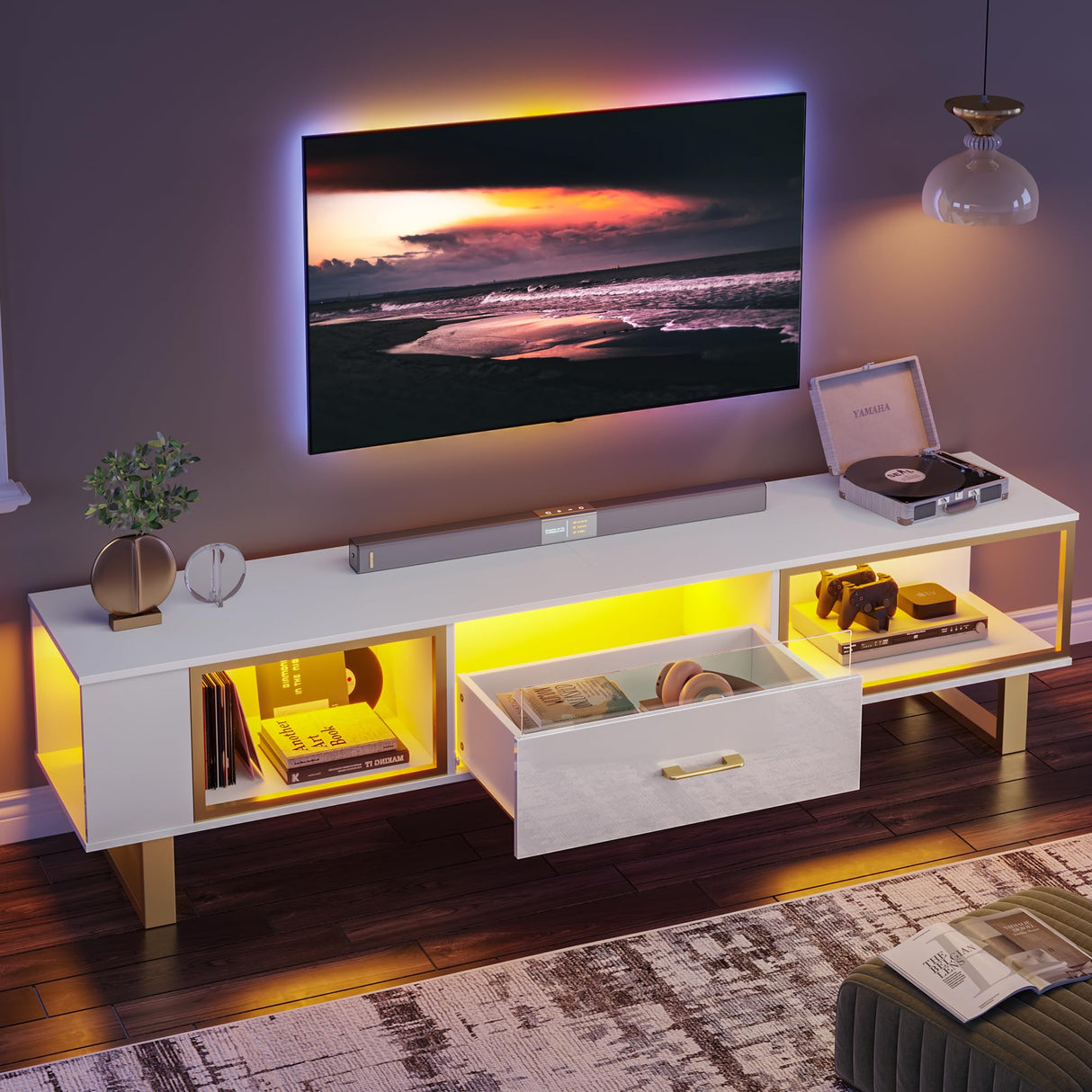 TV Stand with LED Light for TVs up to 80 inch, Modern Entertainment Center with Open