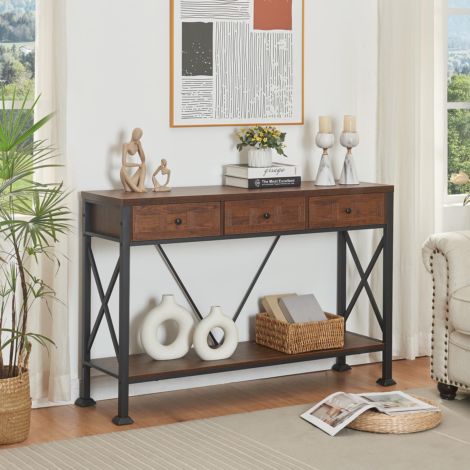Entryway Table, Rustic Console Table with 3 Drawers for Entry