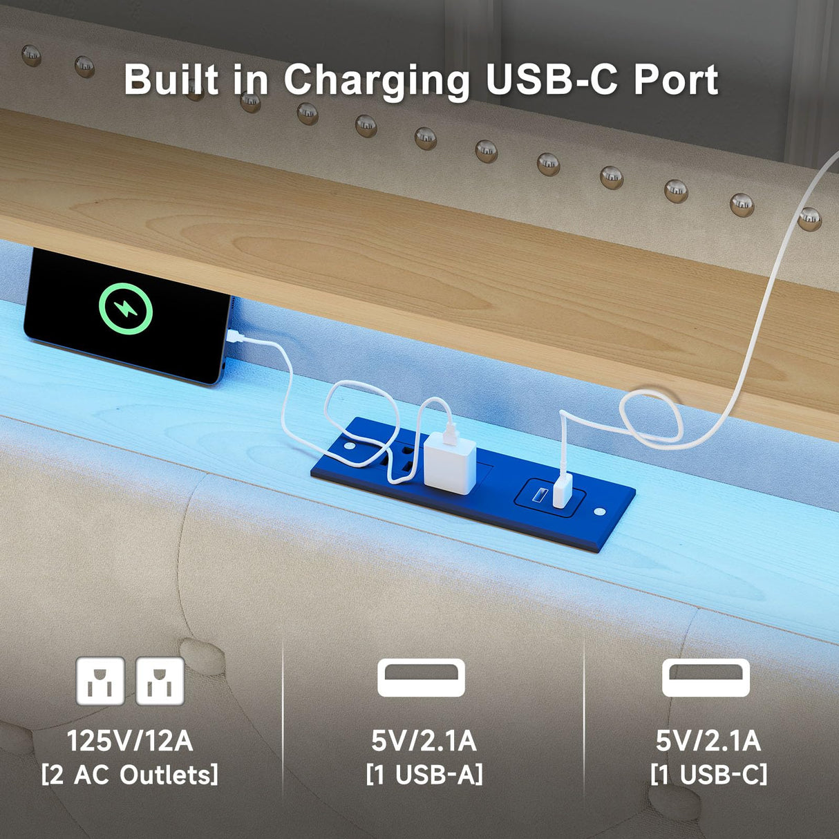 King Size Bed Frame with LED Lights & USB Charging Station, Velvet Upholstered Platform